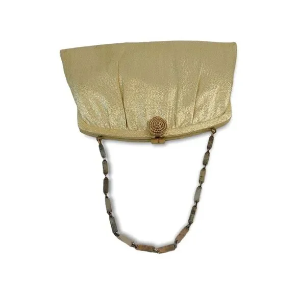 Harry Lavine Women's Gold Metalic Clutch Handbag W/ Chain Handles & Clasp Close. - Picture 8 of 14